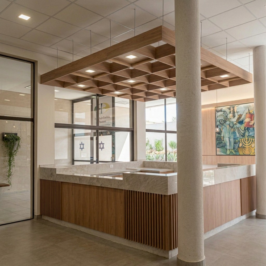Recepção com balcão de mármore e teto amadeirado — design de interiores alto padrão